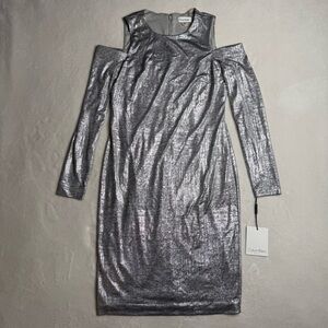 Calvin Klein Dress Silver Cold Shoulder Long Sleeve Shift Women’s Size 8p